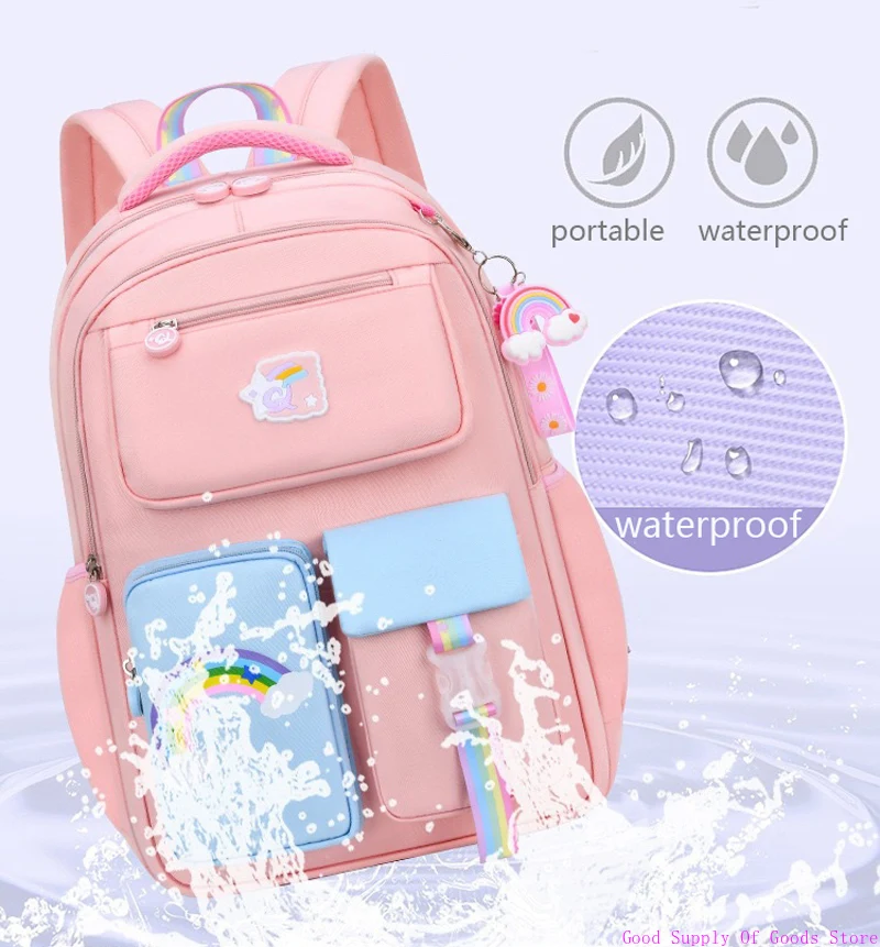 Ransel Anak-anak untuk Tas Buku Sekolah Anak Perempuan Warna Macaron untuk Ransel Remaja Tas Sekolah Banyak Kantong Lucu dan Liontin Pelangi