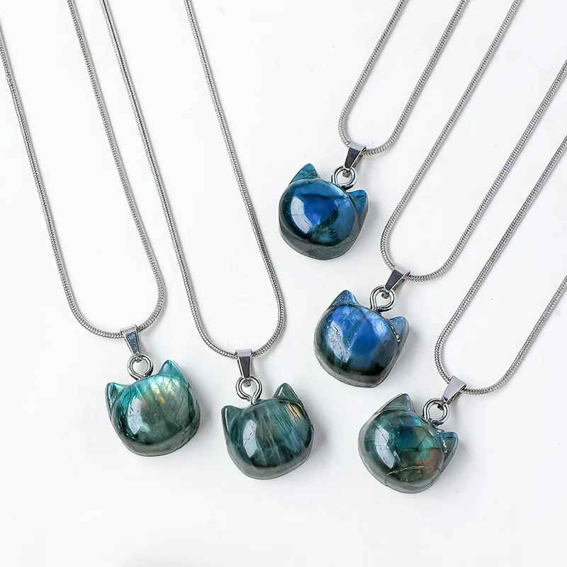 

1PC Natural Crystal Blue Labradorite Cat Shape Pendant DIY Jewelry Moonstone Necklace Women Clavicle Chain girl Gifts
