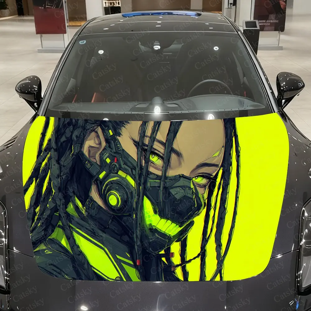 

Fluorescent Green Trendy Girl Car Vinyl Wrap, PVC Material Waterproof Car Hood Sticker, Self-Adhesive Scratch-Resistant Stickers