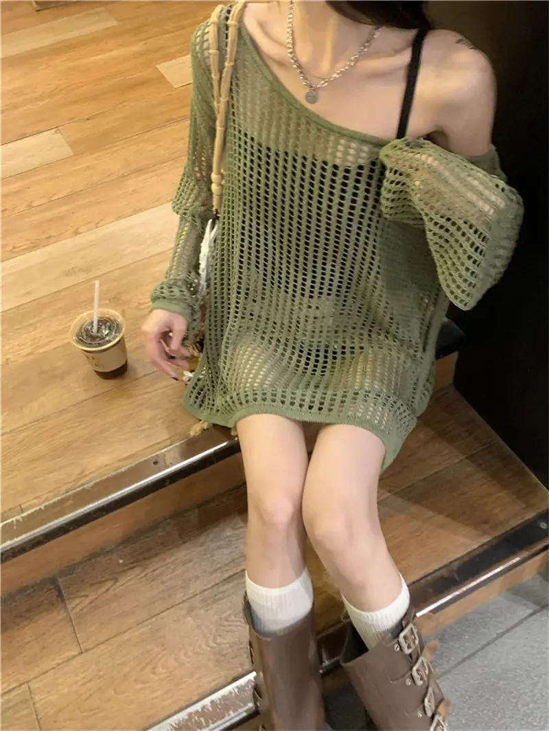 Korean Version Thin Hollow Long Sleeve Knitted Cardigan Women Spring Summer Design Niche Short Tops Loose Sexy