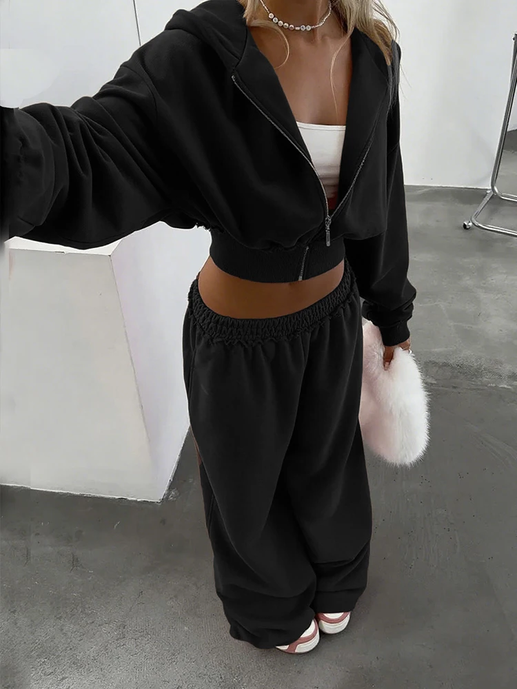 Kliou Setelan Kasual Sporty 2 Potong Wanita Cardigan Zip Lengan Panjang Berkerudung Jaket Crop+Celana Panjang Pinggang Elastis Pakaian Fashion Sehari-hari