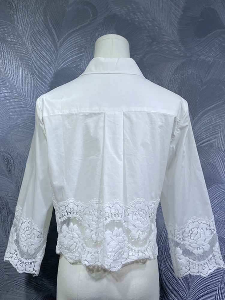 JUNLINNA Fashion Younger Blouses Spring Summer 100% Cotton White Shirt Turn-down Collar Long Sleeve Lace Patchwork Tops