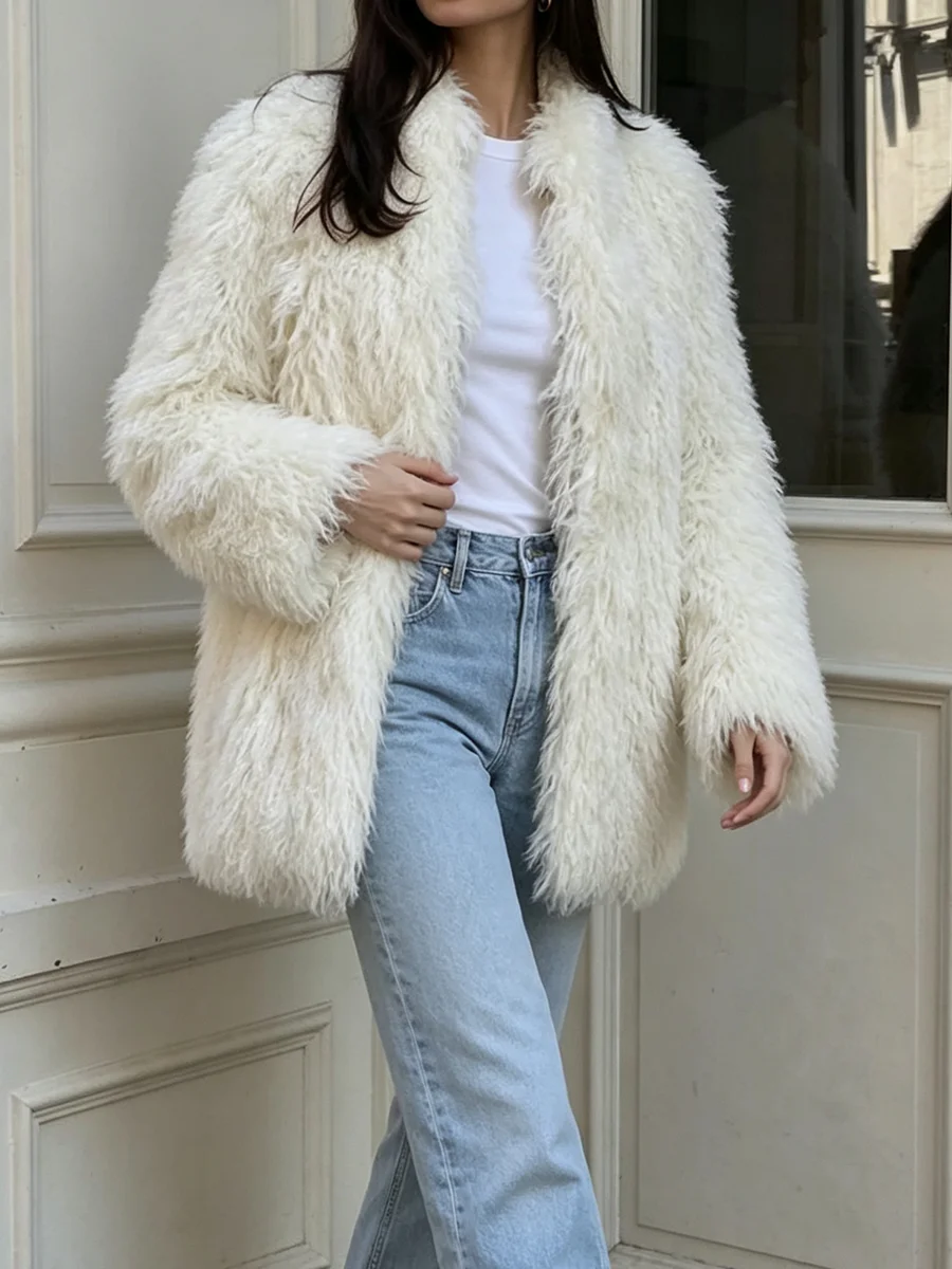 PUAL Women Shaggy Faux Fur Coat Open Front Collarless Long Sleeve Curly Fluffy Plush  Jacket Warm Winter Ladies Outerwear