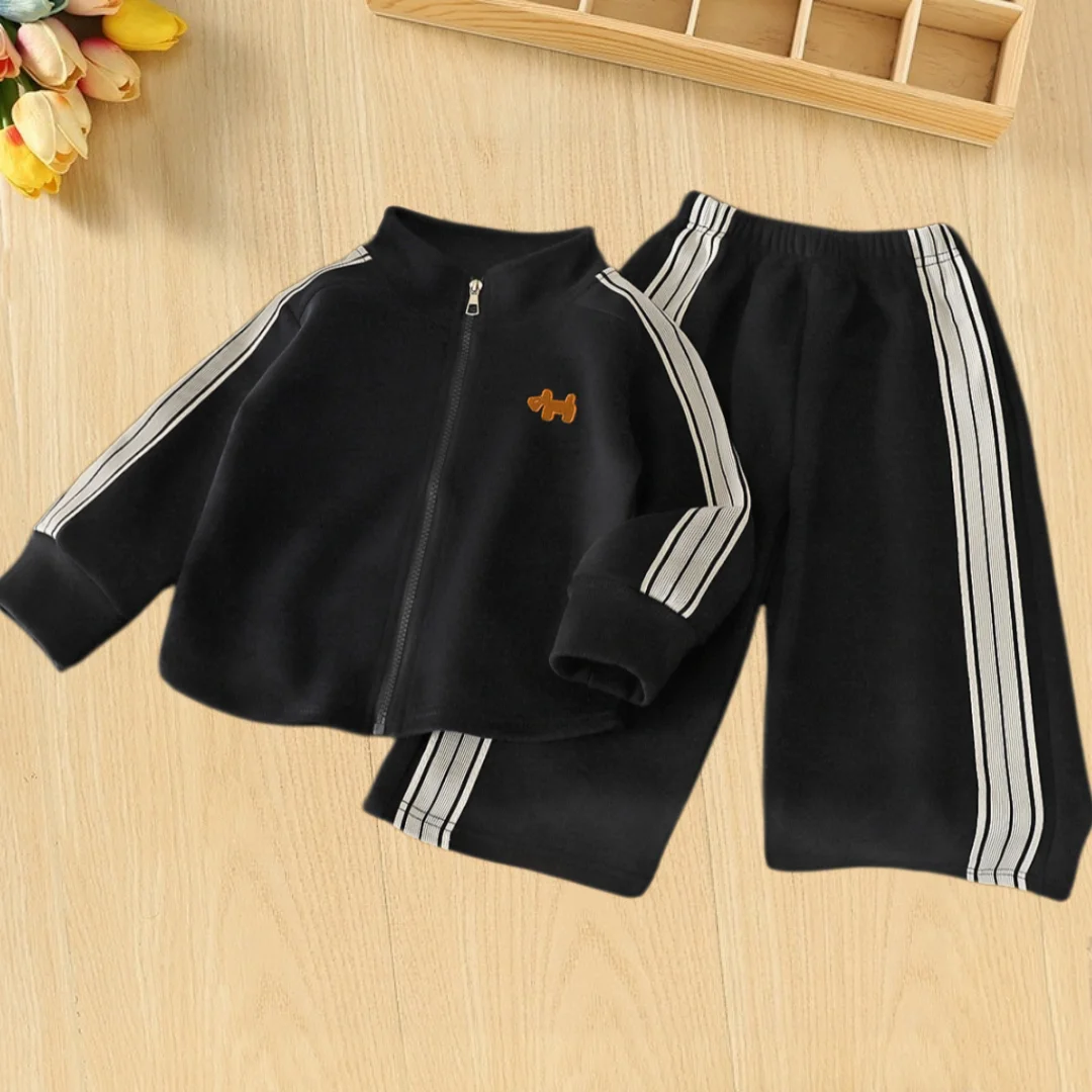 Autumn Stripes Stand Collar Girls Set Cartoon Embroidery Full Zip Jacket+Pants 2 Pcs Set for Girls Korean Styl Children Suit