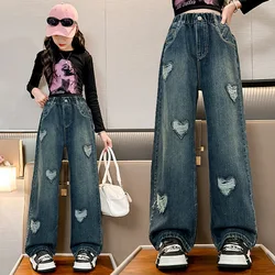 Korean Style Kids Ripped Jeans for Teen Girls with Hearts Fashion High Waist Teenager Denim Pants Long Trousers 5 7 9 11 13 14 Y