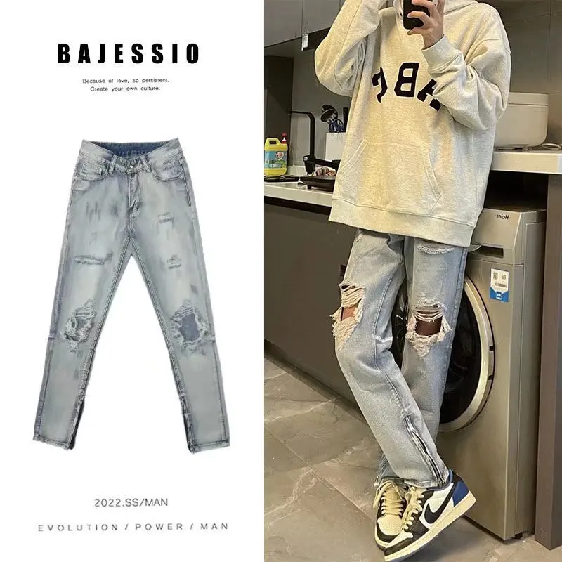 

Мужские рваные джинсы прямого кроя в американском ретро-стиле, свободные повседневные длинные брюки, модные джинсовые штаны на молнии в уличном стиле