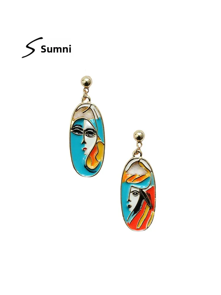 Fashionable Abstract Face Drop Oil Earrings Sumni Samantha Ni Retro Personality Artistic Color Block Versatile Stylish Hoops