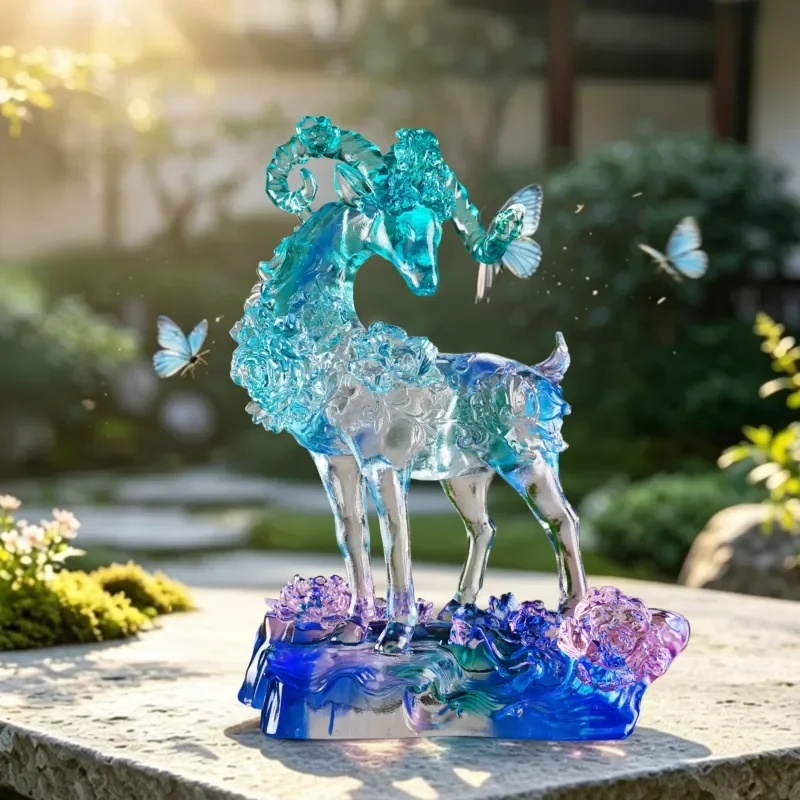 Crystal Glass Sheep Statue with Flower Relief Art Decoration Tabletop Ornaments for Home Office Business Wedding Anniversary