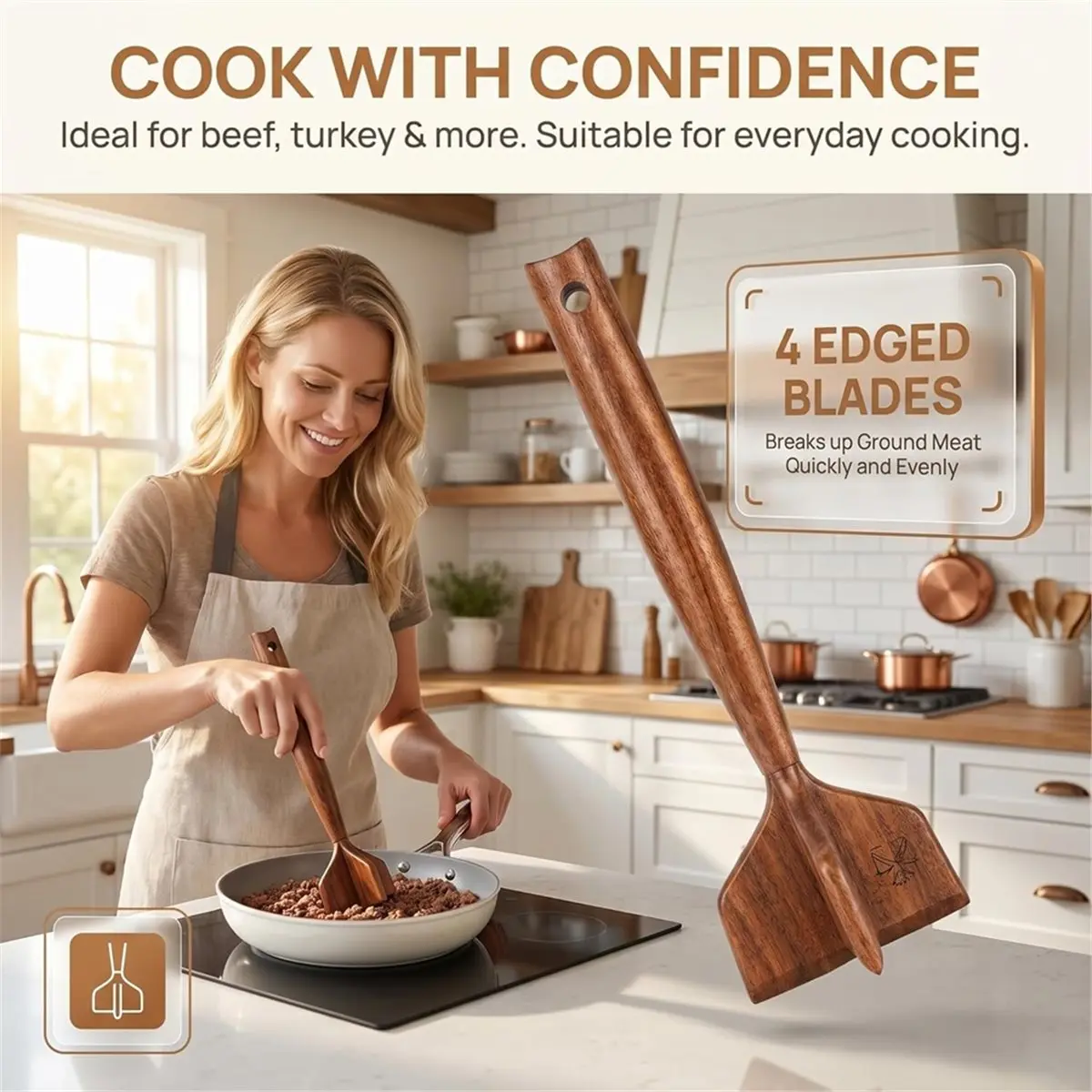 newA10R Wooden Ground Beef Masher, Heavy Duty Meat Chopper for Ground Beef,for Nonstick Cookware, Kitchen Tool for Beef, Turkey