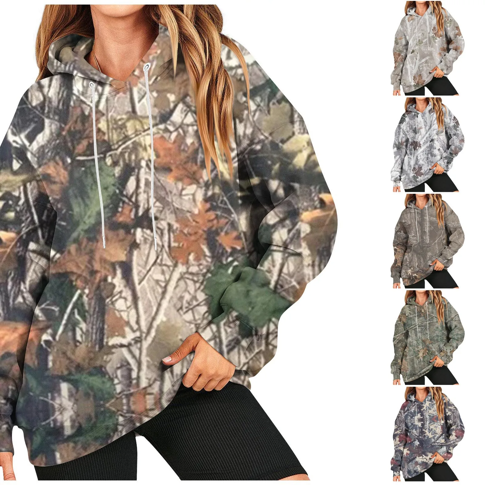 Women\'s Oversized Camouflage Hoodie Hooded Sweatshirt Casual Long Sleeved Pullover Loose Autumn Outfit