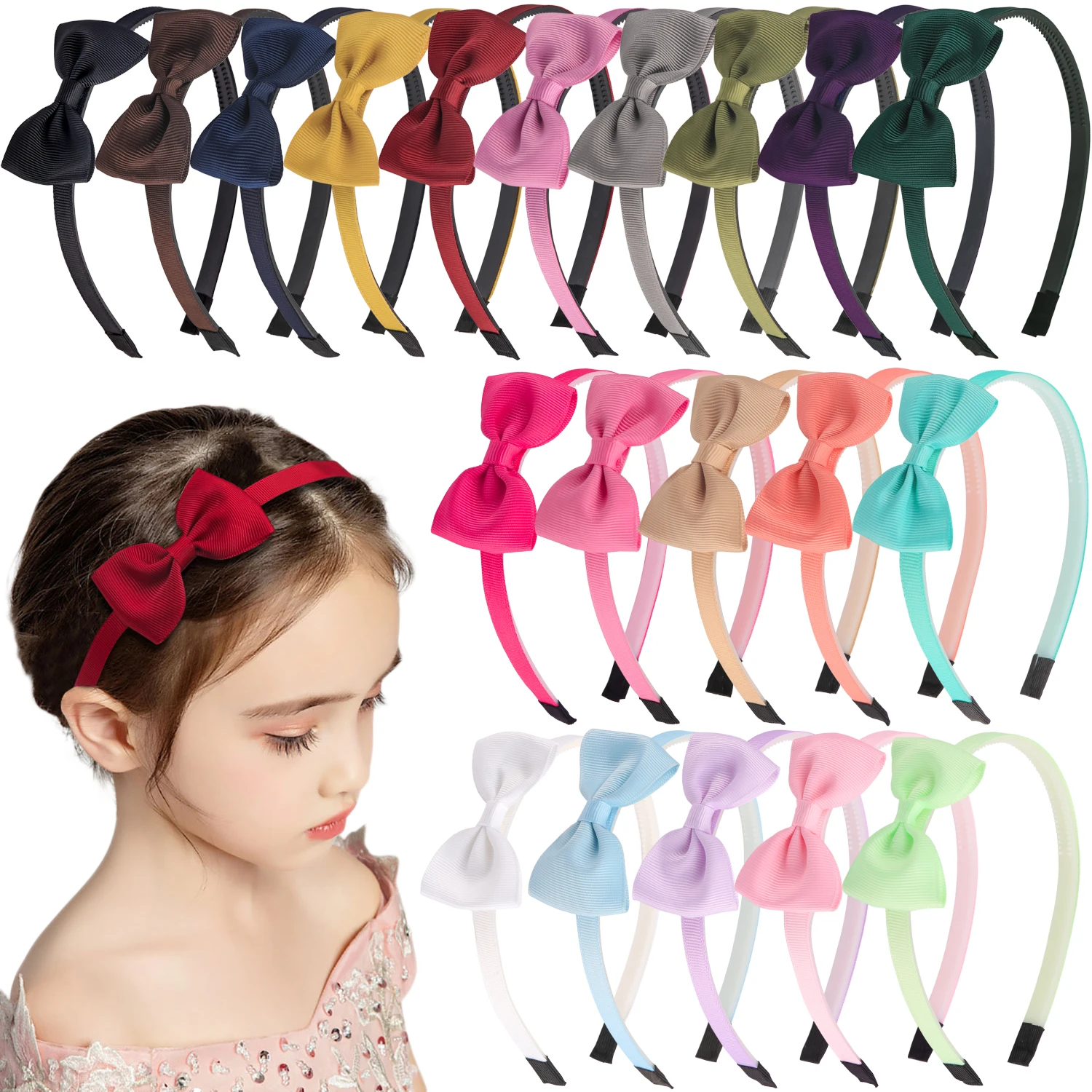 1PC Grosgrain Ribbon Hair Bows Headbands Girls Plastic Hairbands 3inch Bows Headband Children Kids Fashion Hair Aceessories