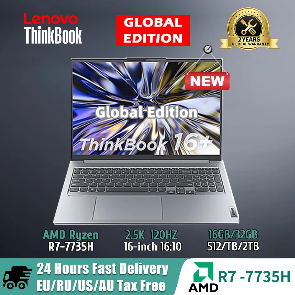 كمبيوتر محمول Lenovo ThinkBook 16+ Ryzen R7 7735H AMD 16GB/32GB RAM 512G/1T/2TB SSD شاشة 16 بوصة 2.5K 120 هرتز كمبيوتر محمول نحيف جديد