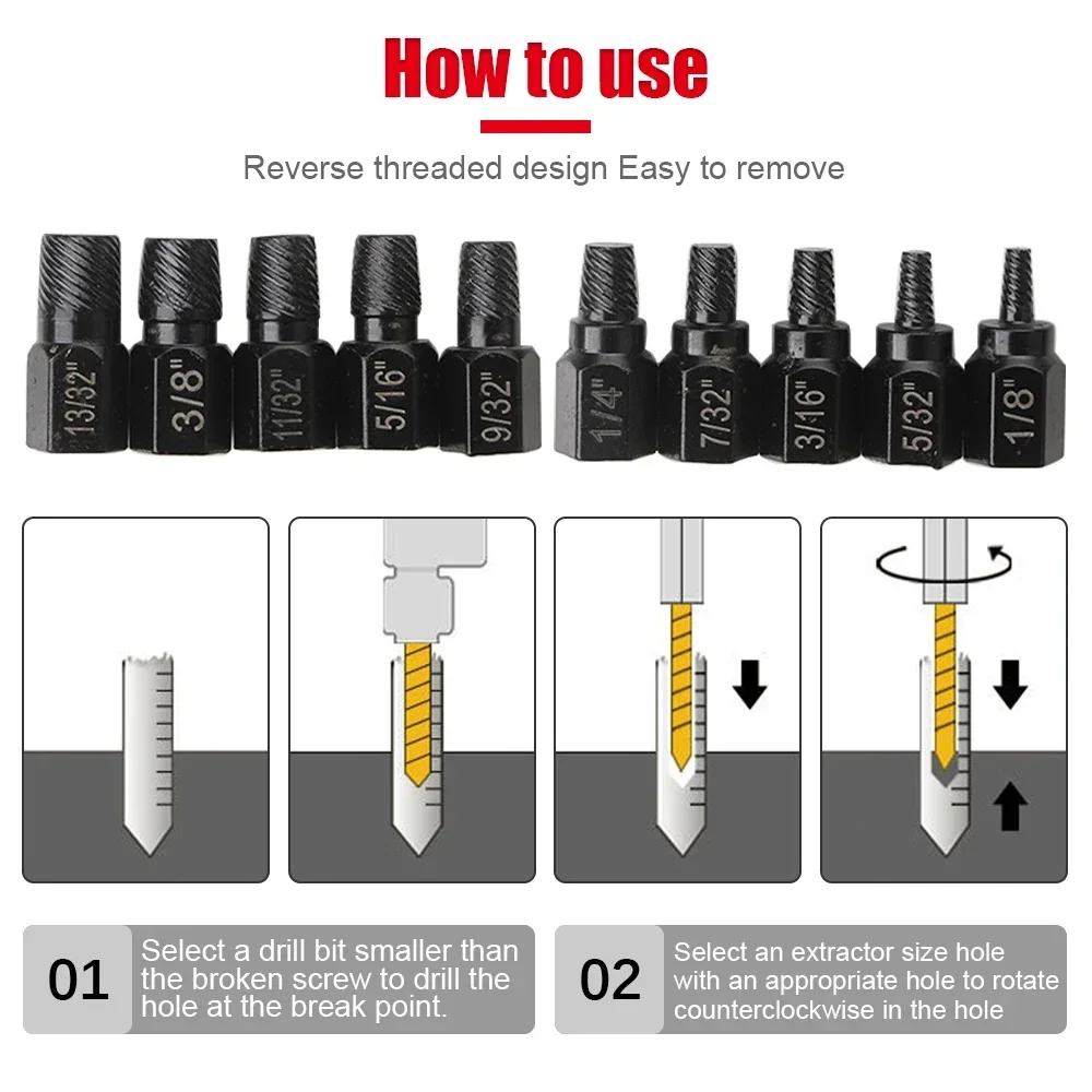 10Pcs Screw Extractor Alloy Steel Damaged Screw Remover Set Metal Easy Out Drill Bits Broken Bolt Stud Extractor For Screw Bolts