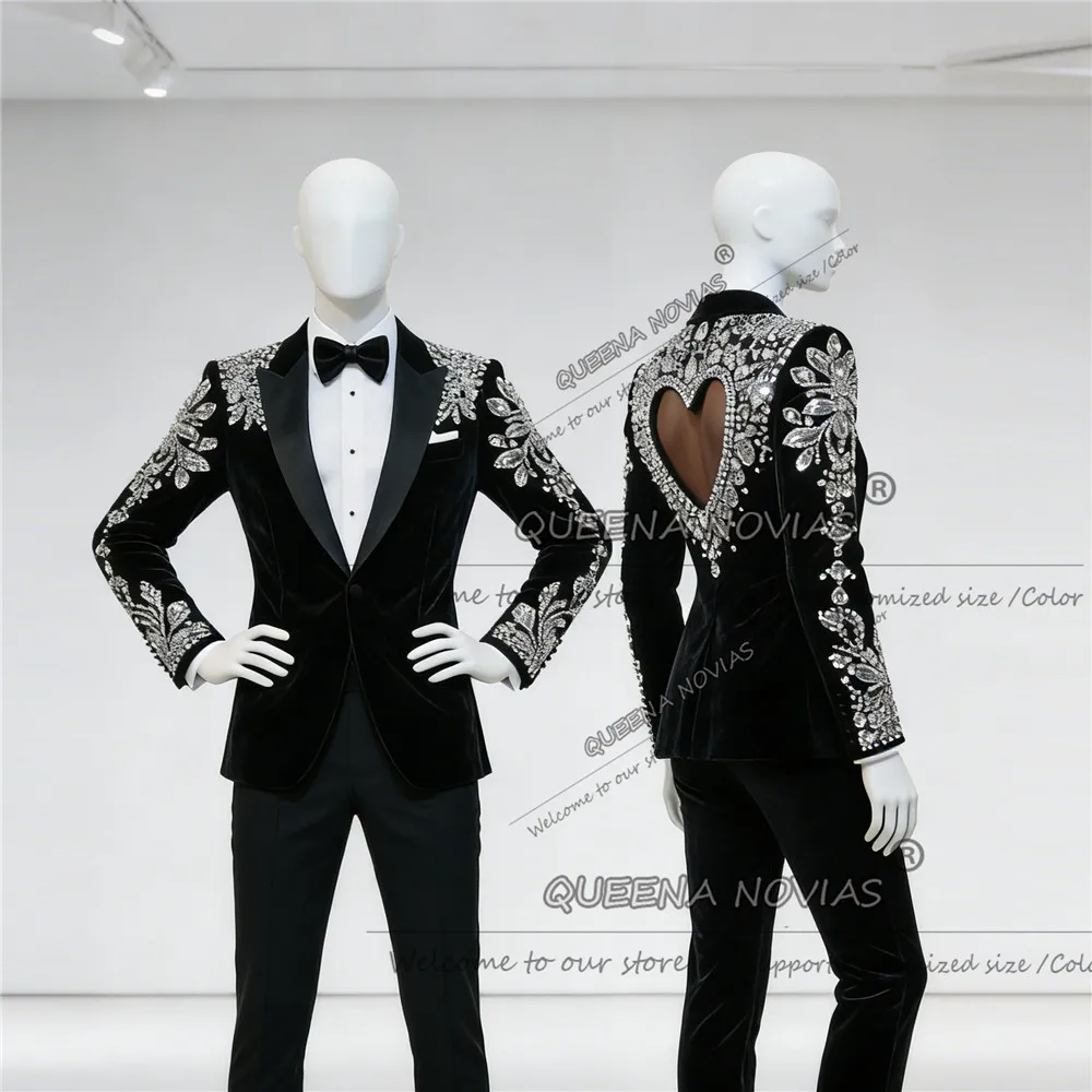 Exclusive Jewelry Stones Suits Men Slim Fit Single Breasted Jacket Pants 2 Piece Set Groom Wedding Tuxedos Cut-Out Prom Blazers