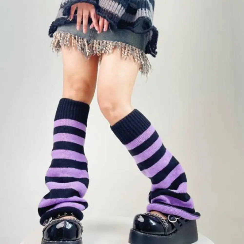2026 Women 2000s Retro Style Japanese Flared Leg Warmers Elastic Cuffs Striped Loose Long Knit Student Daily Outfit Accessory