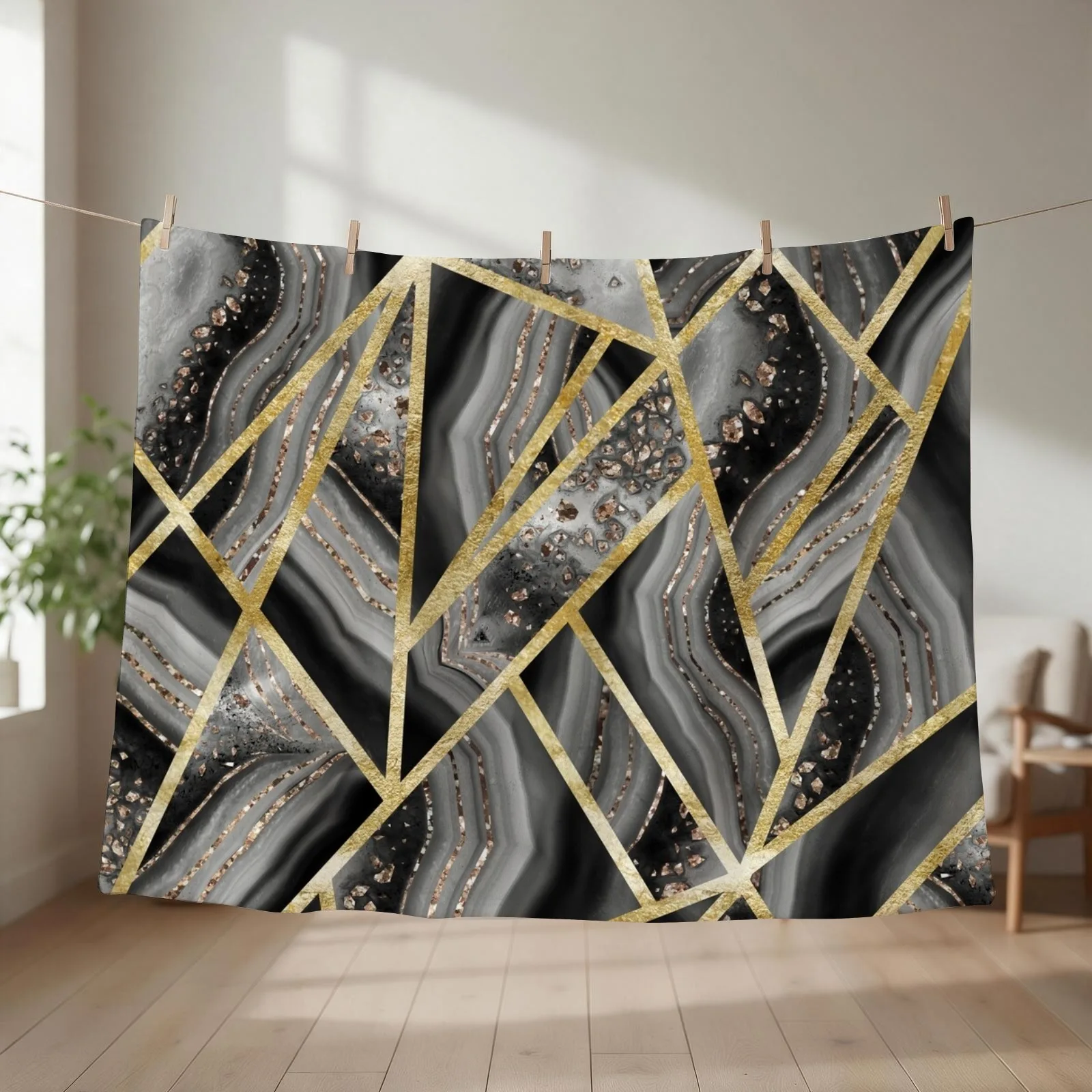 New Black Night Agate Gold Geometric Glam #1 (Faux Glitter) #geo #decor #art Throw Blanket