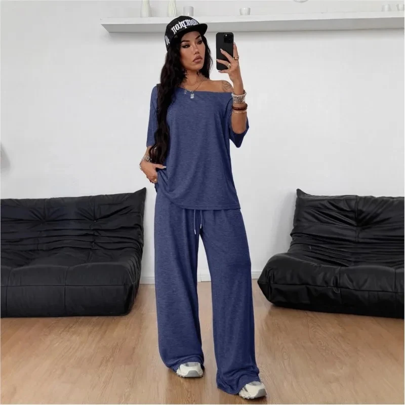 

Slant Collar Off Shoulder Pullover Top T-shirt Drawstring Wide Leg Pants 2-piece Set Women's Spring/summer Versatile Sports Suit