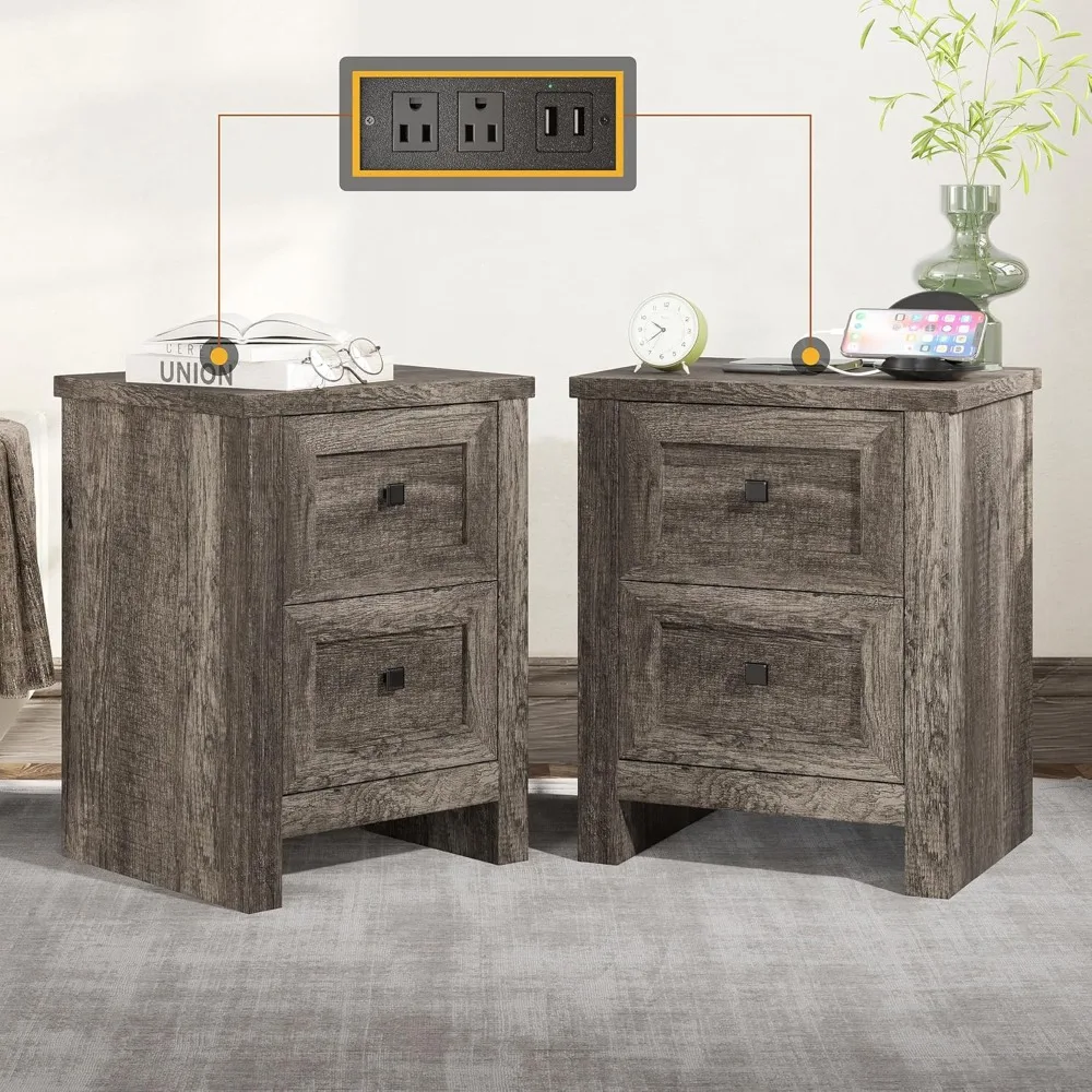 

Nightstand Set of 2 with Charging Station, Rustic Bedside Table with Drawers Storage, Farmhouse Wood Night Stand for Bedroom,
