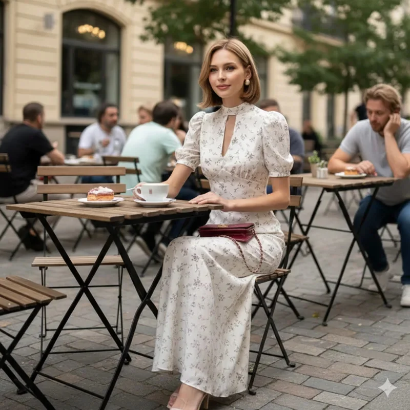 

Elegant Women's Floral Print Midi Dress High Neck Keyhole Cut Out Puff Sleeve Bodycon Maxi Dress for Evening Party Office Wear