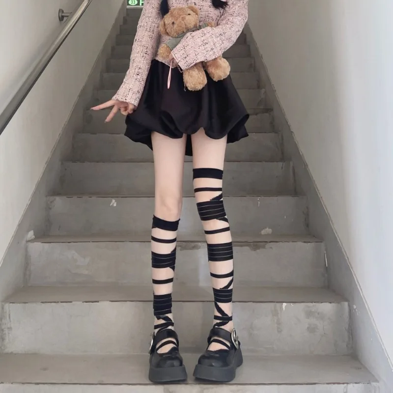 Носки с ремешками y2k в стиле Abby Wen Spice Girls, черно-белые повязки, длинные гольфы, женские носки в стиле Лолиты