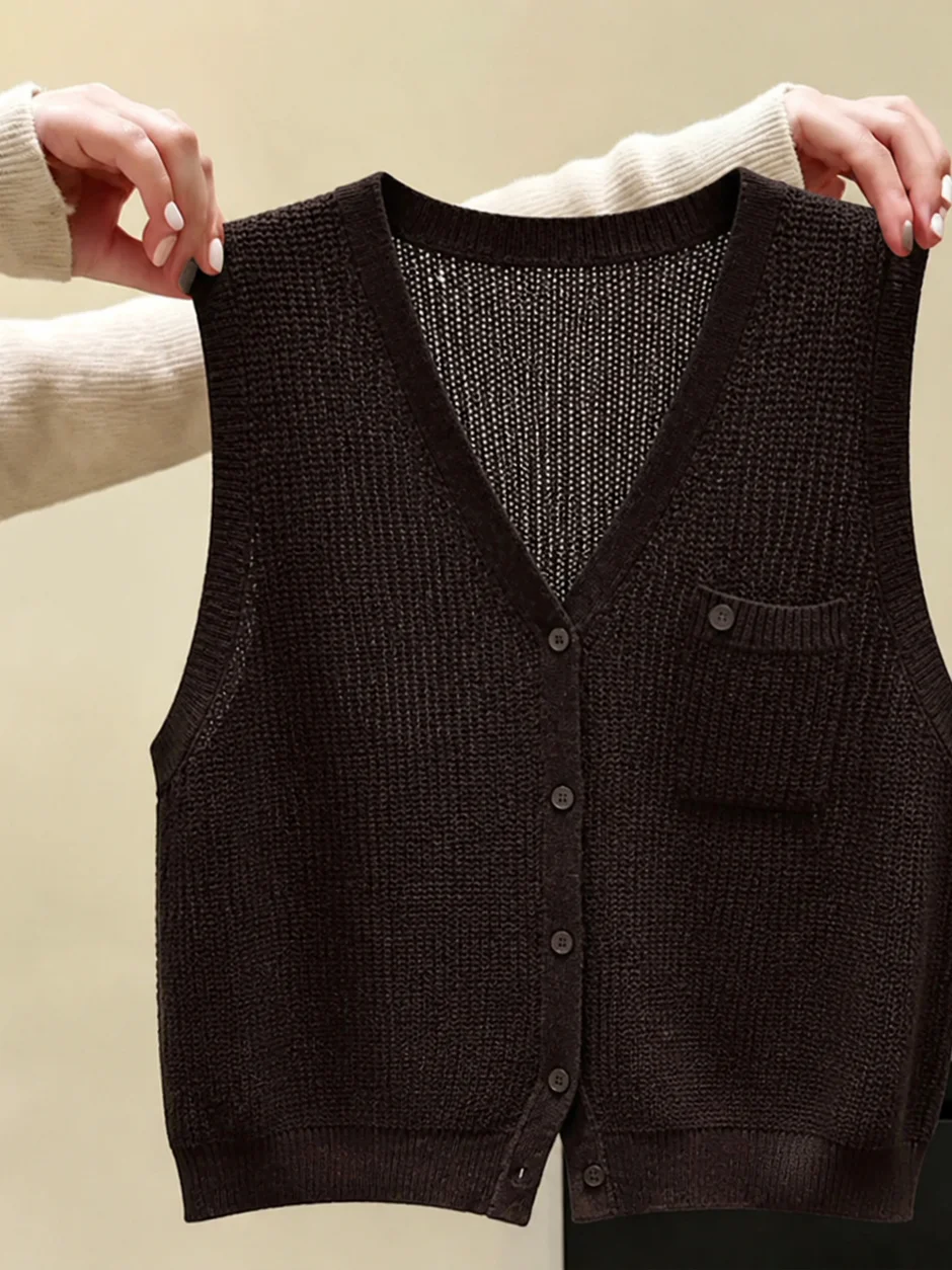 Elegant V-Neck Knitted Vest Pure Color Simple Fashion Soft Design Summer Top for Women Stylish Versatile Beautiful
