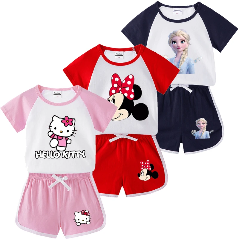 Hello Kitty Printed Kids Short Sleeve Suit 2024 Girls Summer Clothing Cartoon T-shirt Shorts 2pc/set Children's Wear Tracksuits