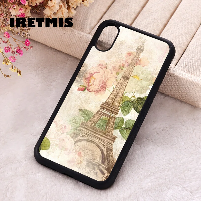 Iretmis Phone Cover Case For iPhone X XS Max XR 11 12 13 PRO MINI 14 15 16 Plus Rubber Silicone Paris Pink Roses French Romantic