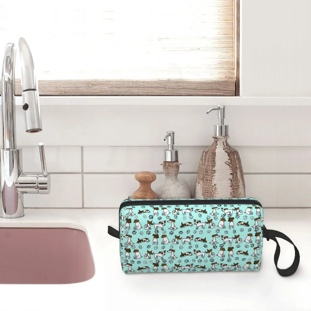 Jack Russell Terrier Cartoon With Light Blue Background Makeup Bag Cosmetic Organizer Storage Dopp Kit for Women Beauty Travel