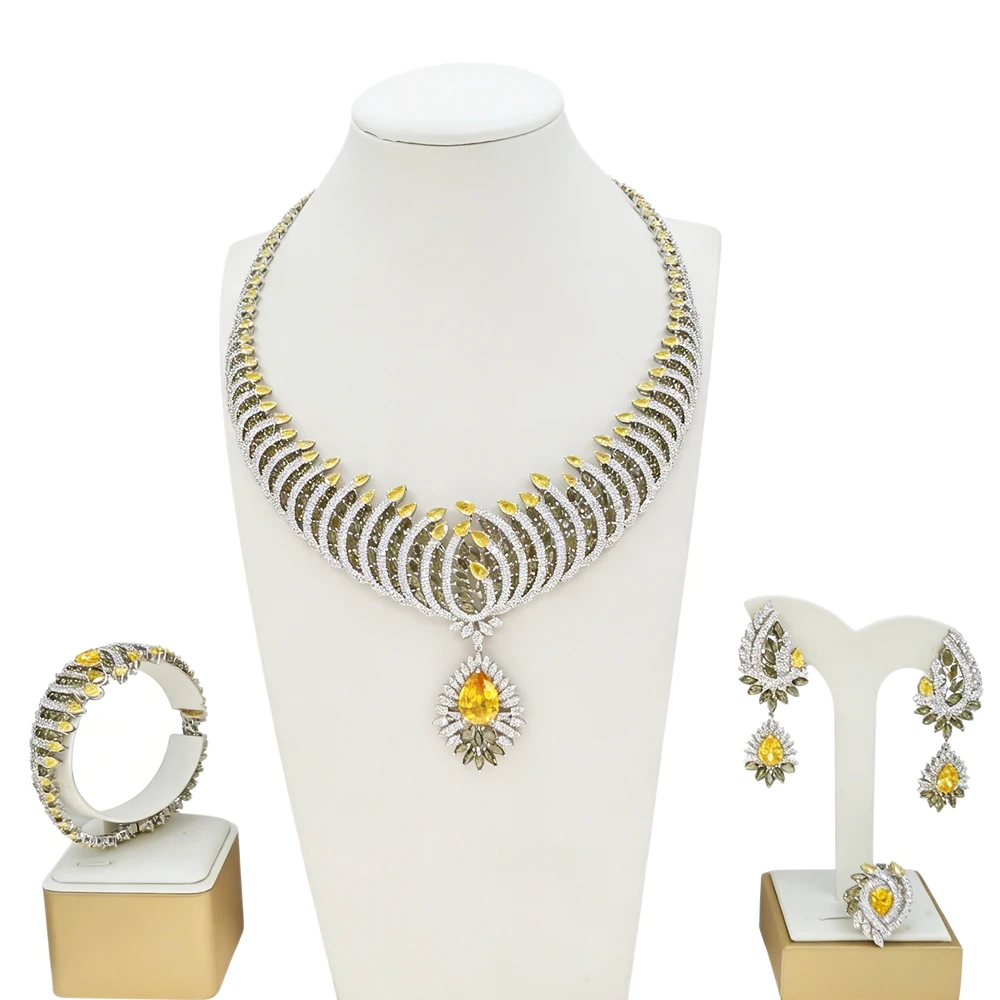 Bridal Yellow CZ Statement Jewelry Set Silver Plated Teardrop Drop Necklace With Olive Stone Accent Wedding Party Jewelry