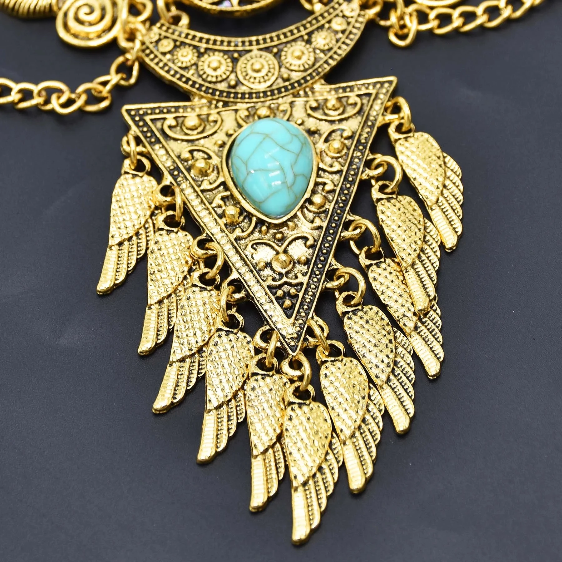 Vintage goldene silbrige Statement-Halskette für Frauen, bunte Strasssteine, lange Ketten, Halsketten, Gypsy, Boho, ethnischer Halsschmuck – Detail 24