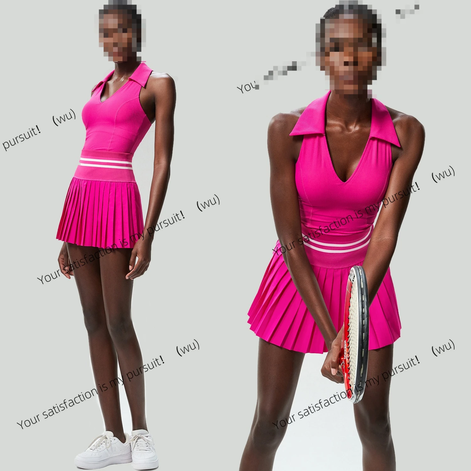 

Sports fitness tennis skirt set Women's anti-light quick-drying with chest pad V-neck yoga suit two-piece set