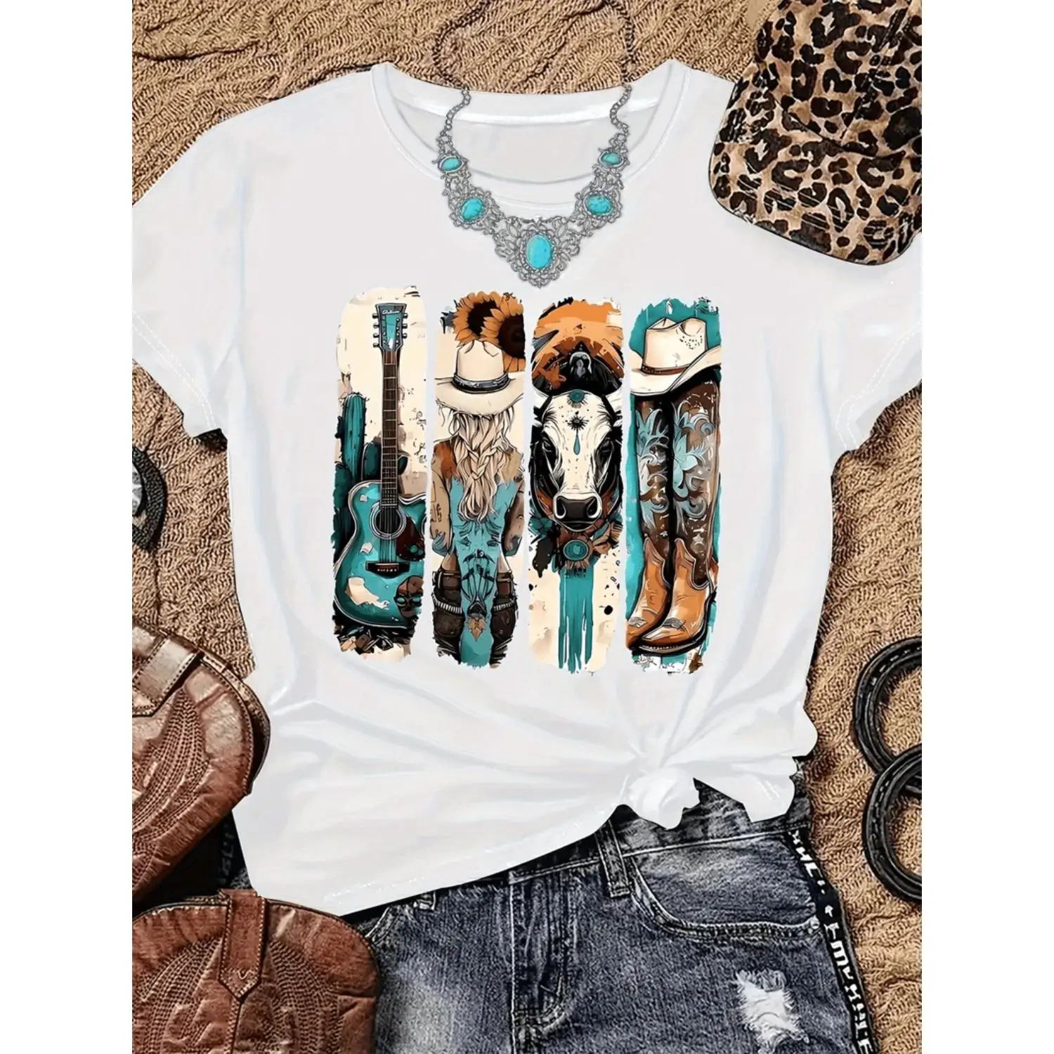 Women S Retro Western Cowboy Print Cotton T-shirt Short Sleeve Round Neck Top Featuring Cowboy Boots Hat and Guitar Designs Breathable Semi Sheer Fabric Machine Washable Casual Spring Summer Top Lightweight Summer Fashion T-shirt