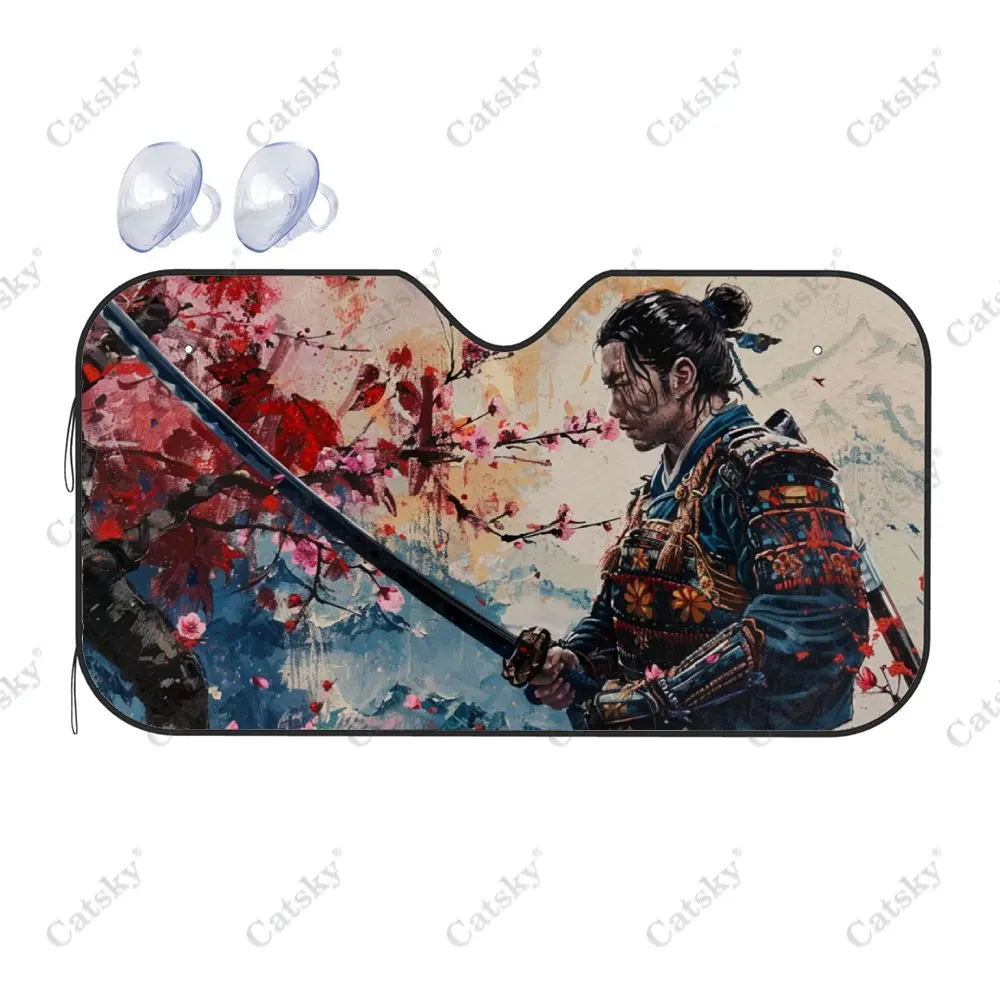 Samurai Holding Sword Sakura Car Windshield Sunshade, Auto Accessories Front Windshield Sun Visor Blocks Uv Rays Protect Decor