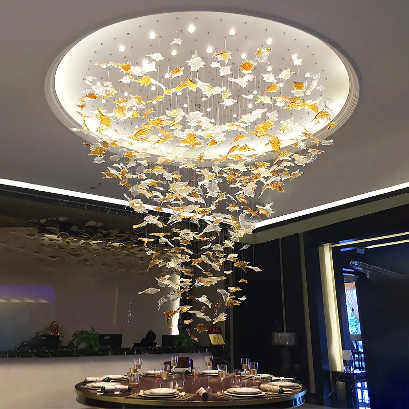 

Art Designer Large Hotel Lobby Chandelier Maple Leaves Decoration For Villa Led Hanglamp Luxury Project Lighting Free Style