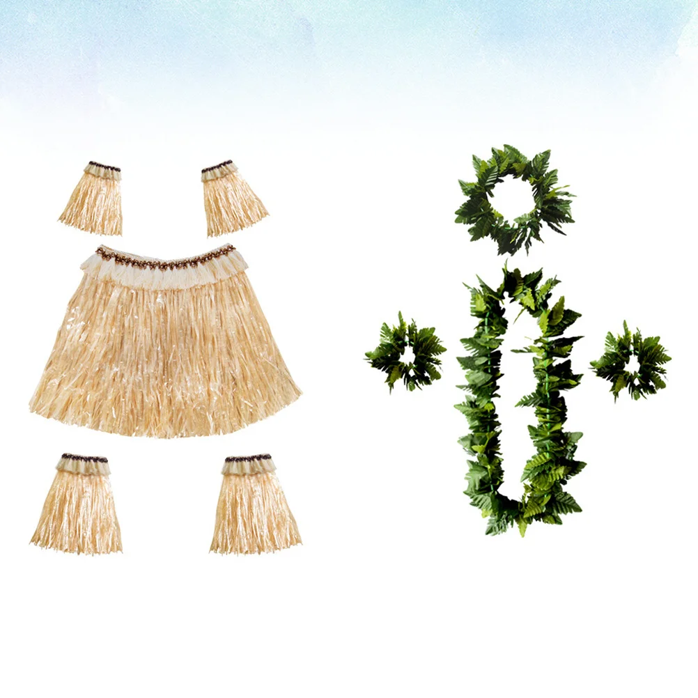 

9Pcs Leaf Garland Hawaii Skirt Set Tropical Hula Dress Elastic Waistband Party Costume Wristband Arm Feet Sleeves