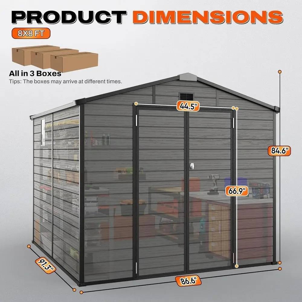 8x8 Outdoor Storage Shed with Floor, Plastic, Window, Vent, Lockable Door, Suitable for Tools, Garden, Patio, Bikes, and Lawn Eq view 2