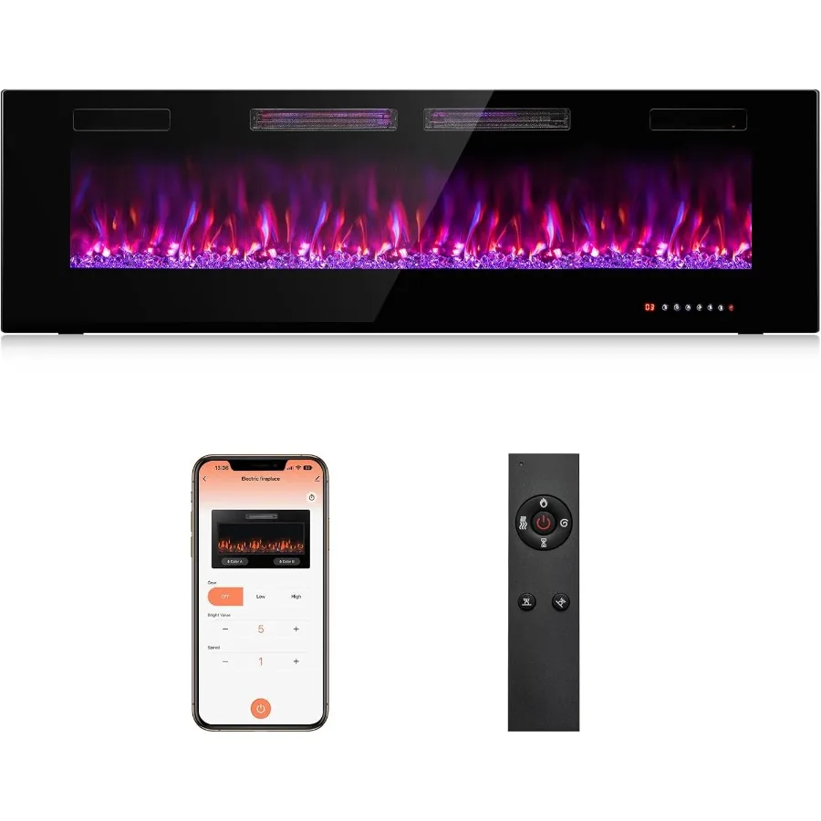 Inserti per caminetto elettrico da 60 pollici Camino da incasso a parete ultra sottile da 3,19 pollici con velocità del colore della fiamma regolabile