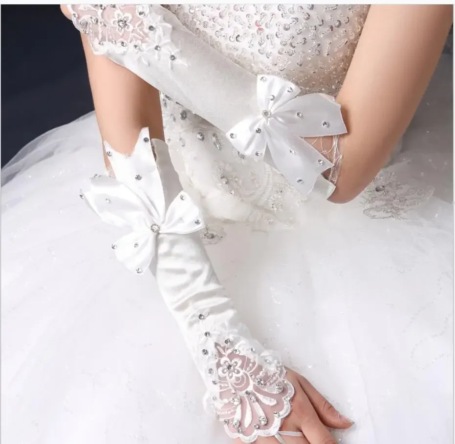 Womens Long Satin Gloves Fingerless Beaded Sequins Bridal Wedding Accessory Womens Bow Gloves