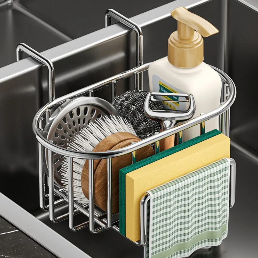Wall Mounted Kitchen Sink Organizer Space Saving Stainless Steel Kitchen Storage Holder Quick Dry Rustproof Sponge Hanging Rack