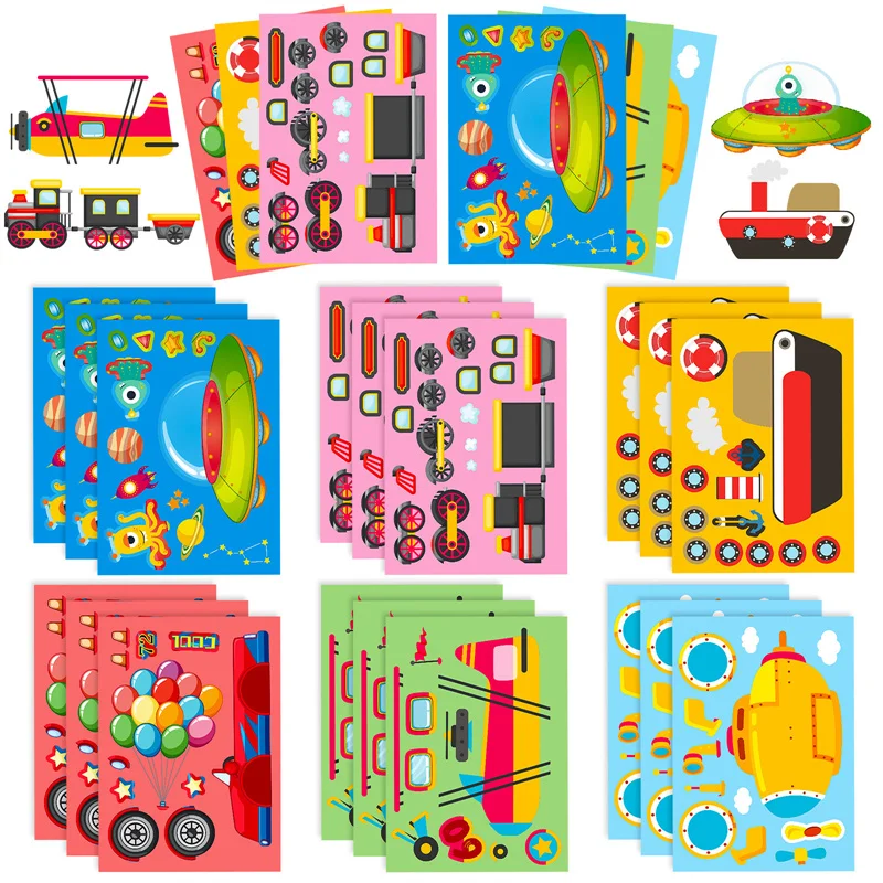 6-24sheets Make Your Own Car Truck Airplane Airship Stickers for Kids 6 Design DIY Transportation Stickers Children Puzzle Craft