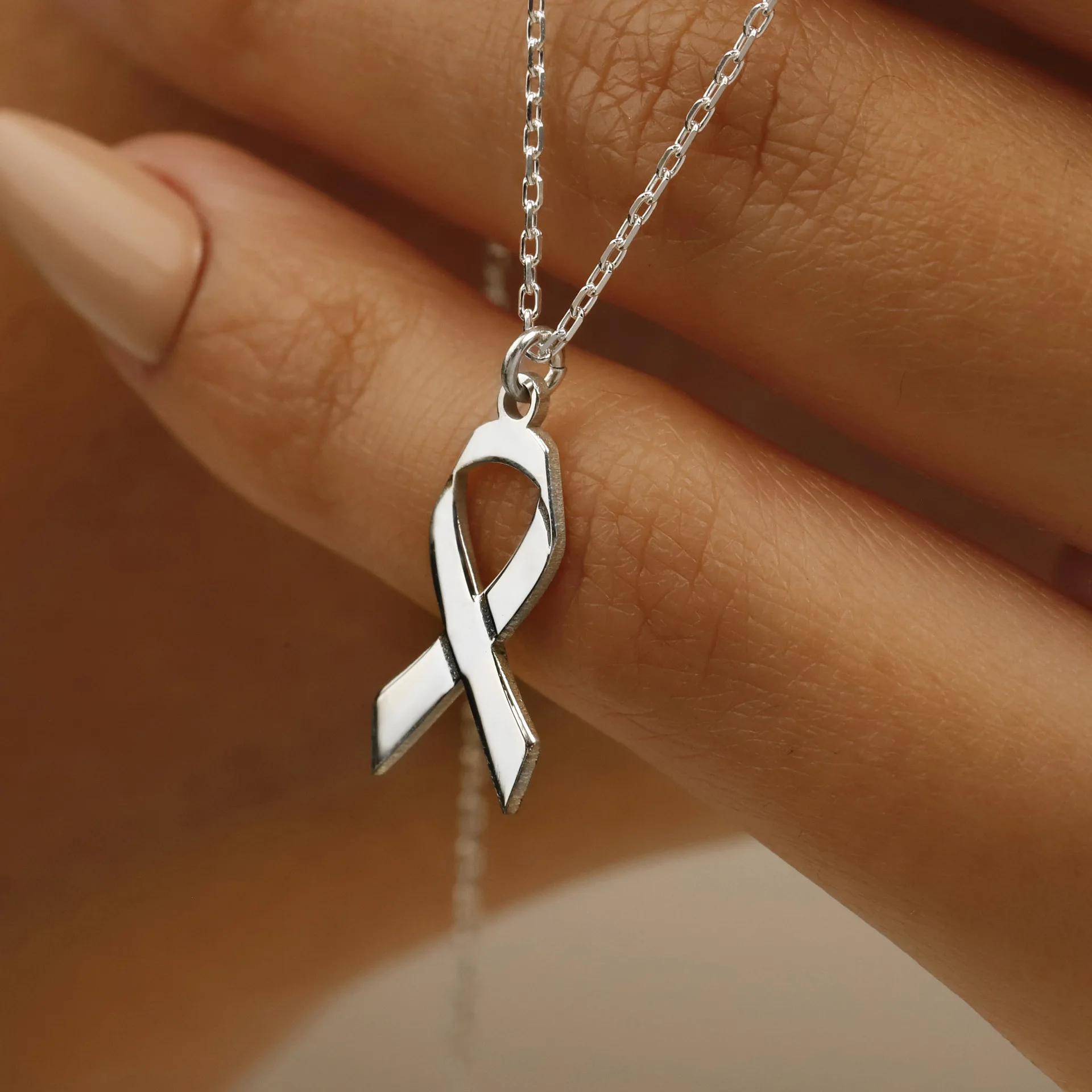 Breast Cancer Ribbon Necklace in Stainless Steel - • Non-tarnish  Cancer Survivor Tiny Bow Necklace