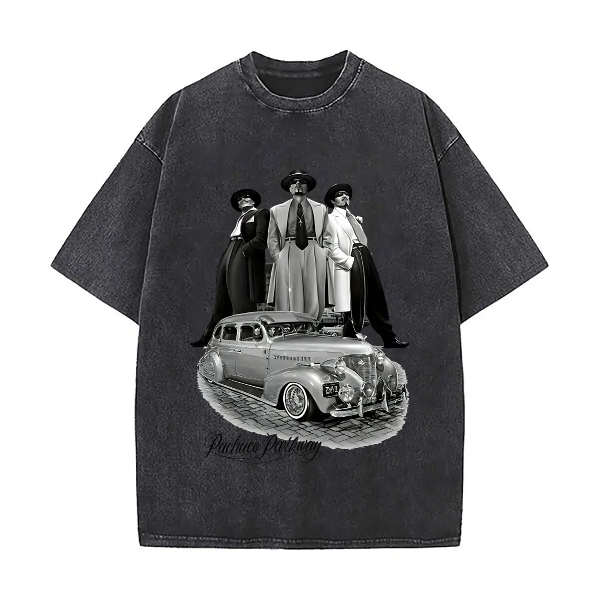 Camisetas Oversize Vintage con Estampado Artístico en Blanco y Negro de Coche Clásico Pachuco, Estilo Desgastado, para Citas de Café