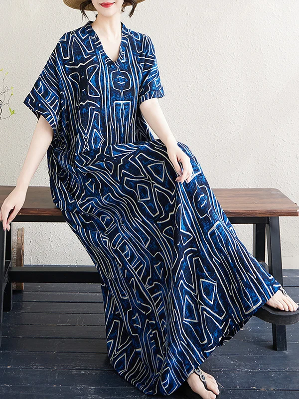 Letnia, luźna sukienka dla mamy, z dekoltem w serek, długa spódnica dla kobiet w średnim wieku, codzienna sukienka na wakacje.