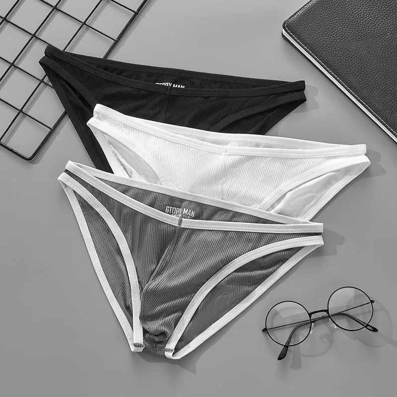 Viscous fiber men\'s underwear, low waisted V-shaped, fashionable, breathable, comfortable triangle pants, sexy bikini 3PCS