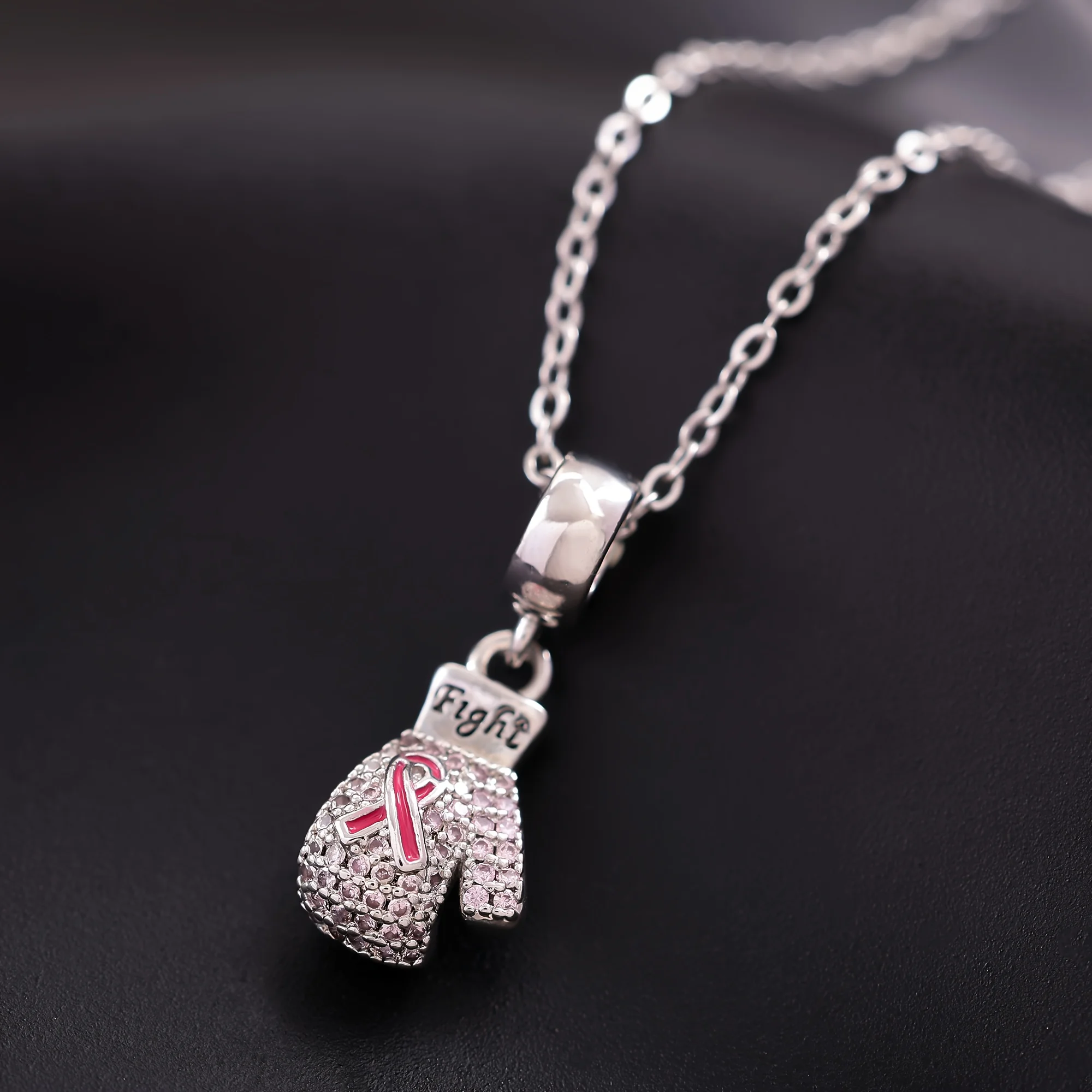 Pink Ribbon Boxing Glove Pendant Necklace Copper Material Fight Element Symbolizing Courage And Strength for Cancer Awareness Un