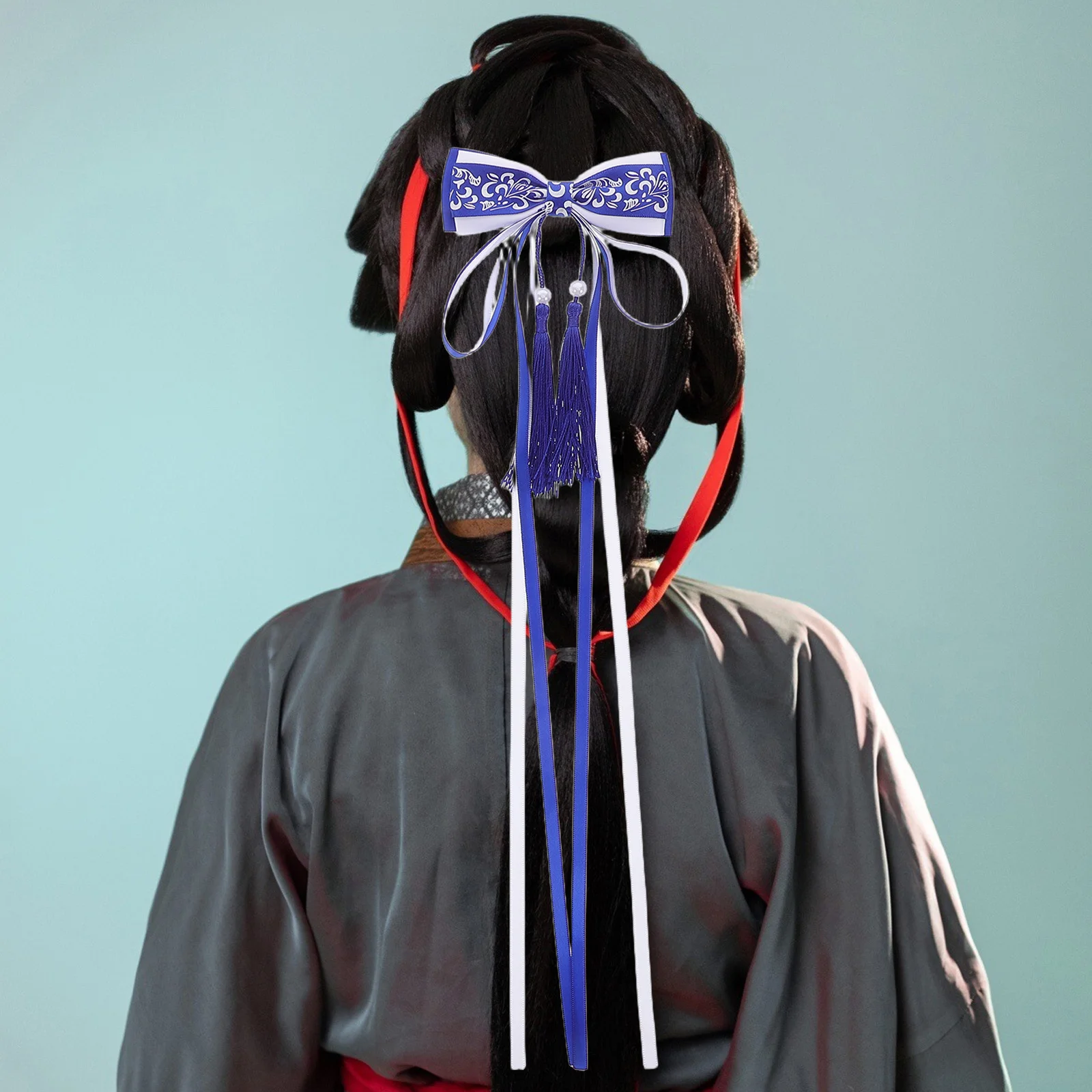 

2 шт. китайские заколки для волос с бантом и кисточкой, аксессуары для волос для ханьфу, праздничные, для женщин и девочек, синие заколки-бантики