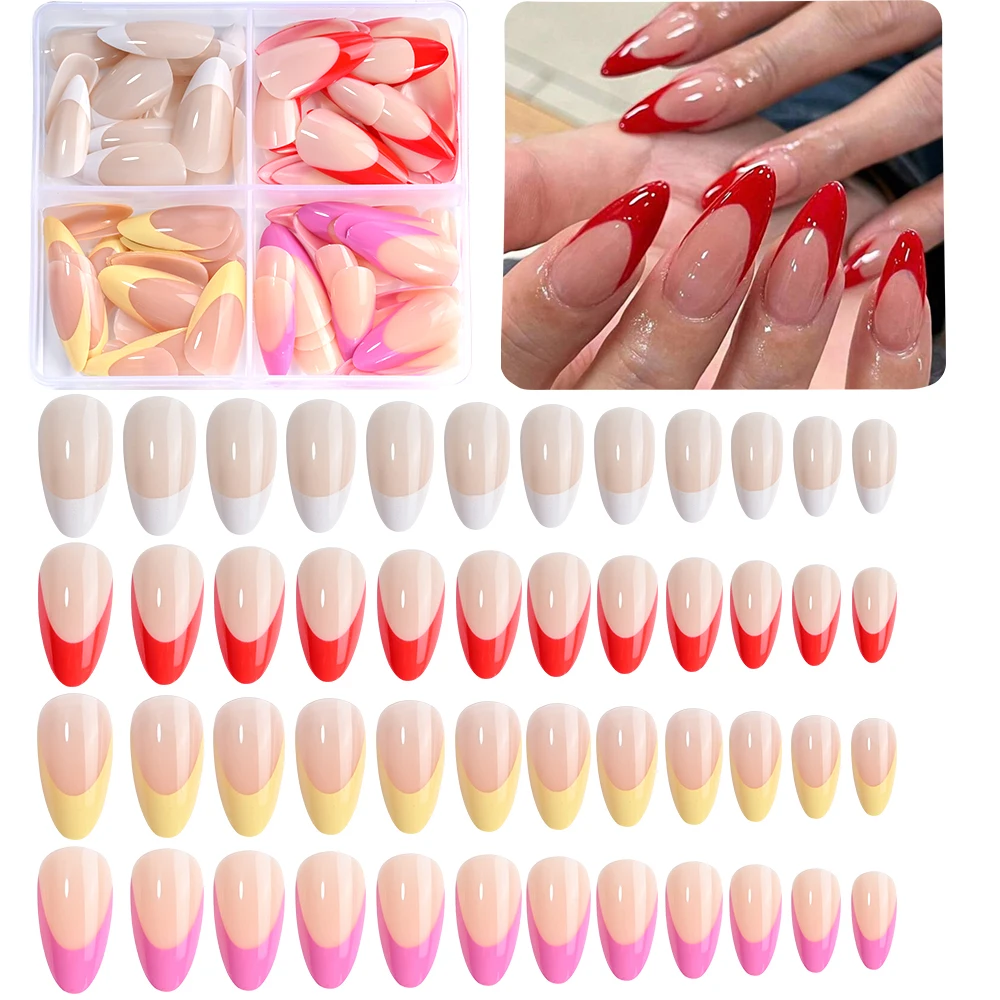 96 piezas de uñas postizas de almendra francesa, borde rojo/blanco/rosa/púrpura, cobertura completa, puntas de uñas postizas usables de Navidad para mujeres