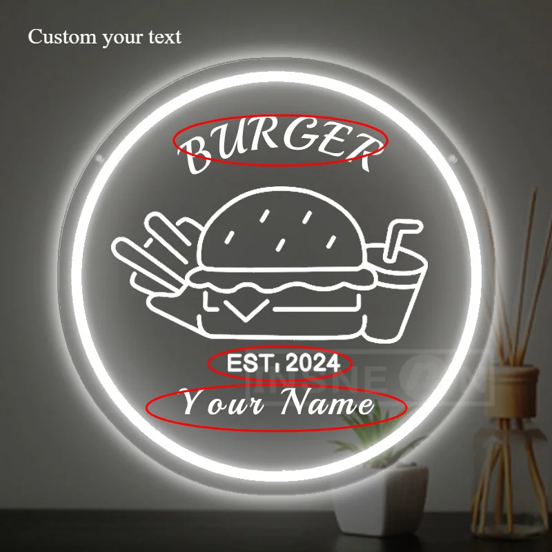 Customized Burger Neon Sign - USB-Powered LED Wall Art with Your Name Perfect for Restaurants, Diners, Offices, and Home Bars