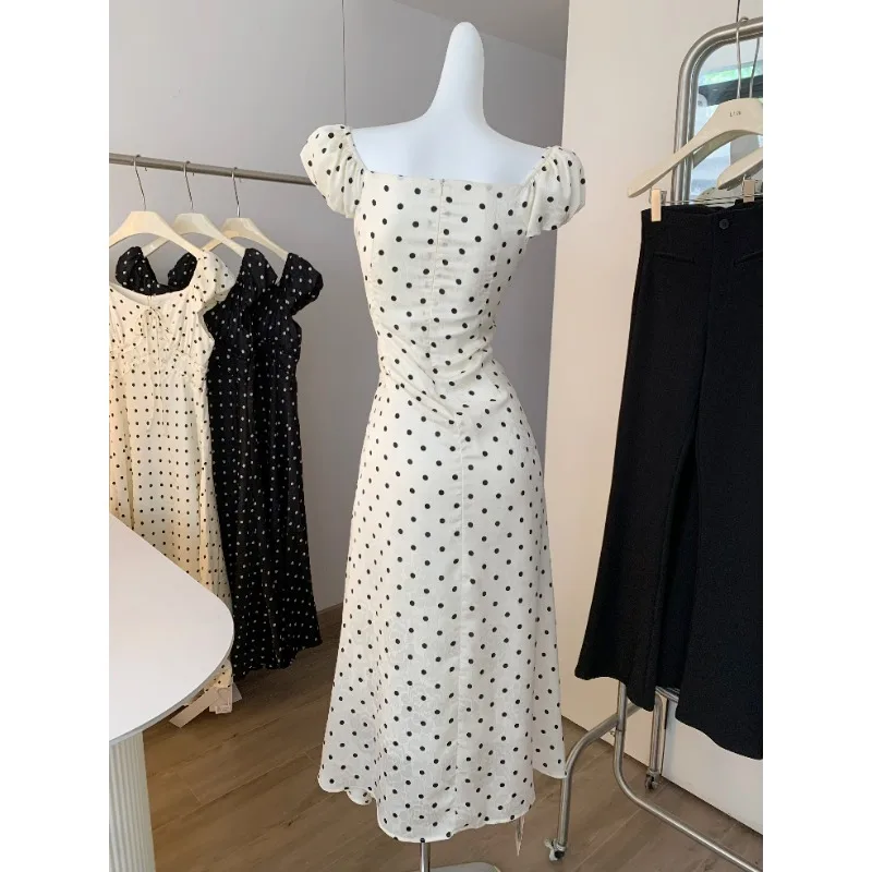 Robe élégante à manches courtes pour femmes, Style français, jupe longue amincissante, col à volants, à pois, été