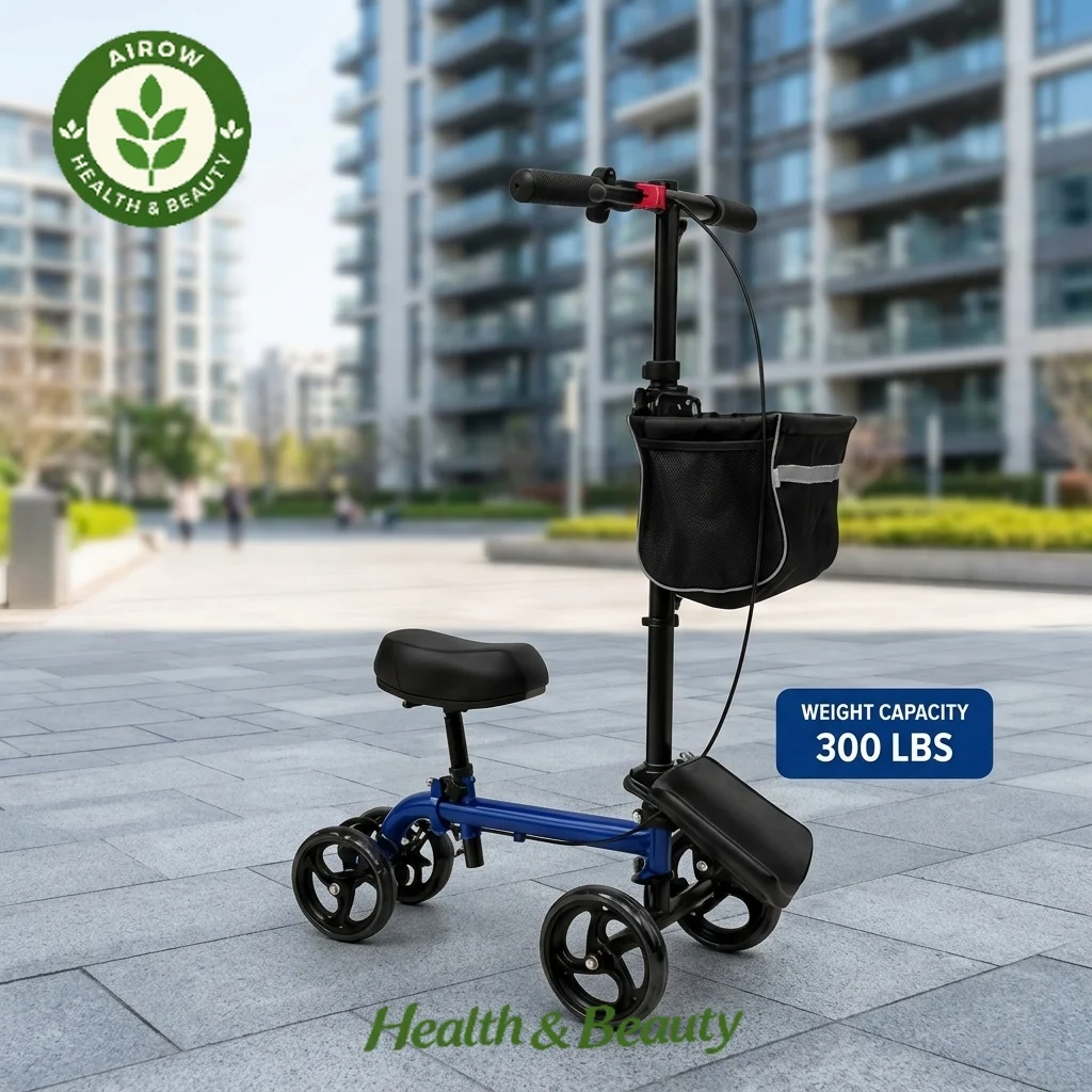 AIROW Seated Knee Walker Scooter Manual Mobility Aid for Lower-Leg Injury Support with Padded Seat and Disc Brake